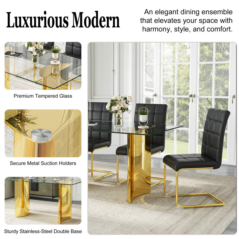 Modern Glass Dining Table Set, 63" Tempered Glass Top With PU Leather Upholstered Cantilever Chairs And Backrest Pull Ring