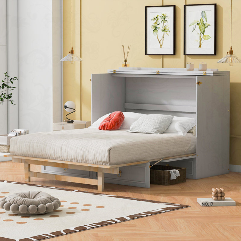 Drawer Murphy Bed Cabinet With Outlets, Antique White 2, Full
