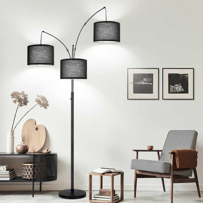 Lampe sur pied à arc 3 lumières à intensité variable avec abat-jour noir et base robuste pour bureau de salon