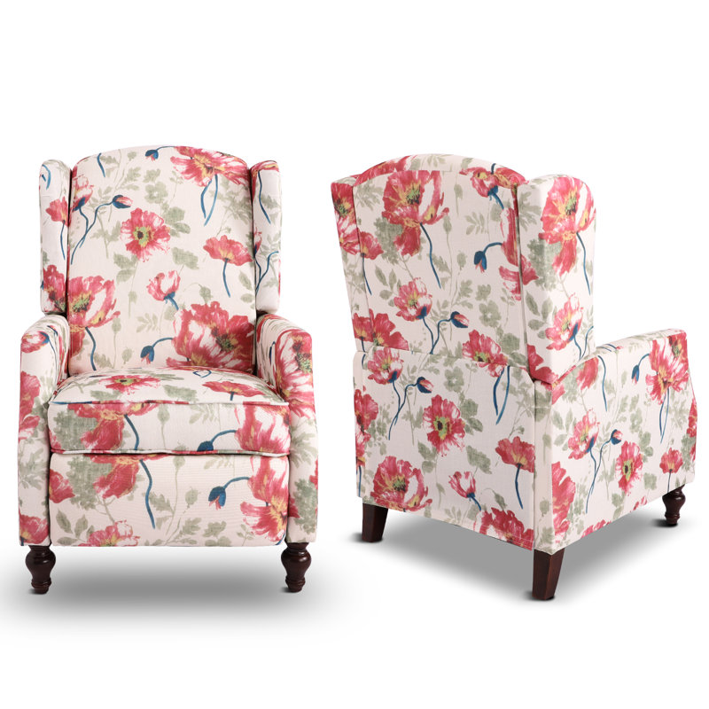 Upholstered Wingback Chair Set Of 2-push Back Recliner Chairs For Adults,mid Century Modern Recliner Chair,floral Manual Recliner Chair For Living Room, Bedroom,solid Wood Legs