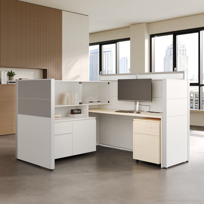 White and Light Wood L-Shaped Office Desk Workstation with Storage Cabinets, Mobile File Pedestal, Frosted Acrylic Doors and Built-In Power Center