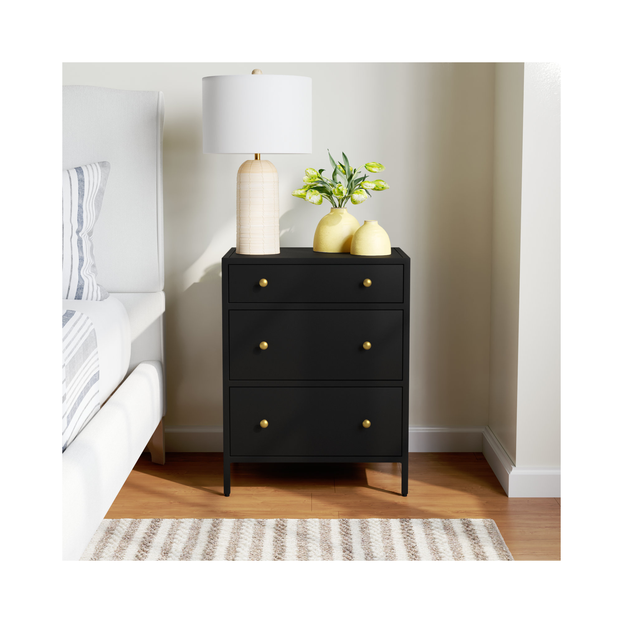 Springer 3 - Drawer Iron Nightstand in Black, Black