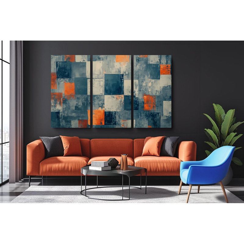 «Triptych», art mural sur toile, art abstrait géométrique moderne, peinture texturée orange et bleu pour la décoration intérieure, reproduction de peinture