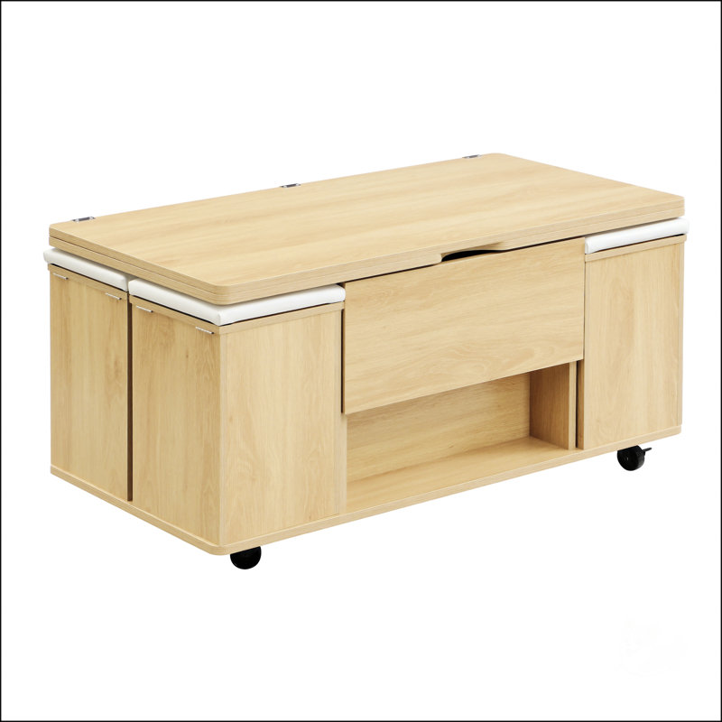 Table basse multifonctionnelle à plateau relevable avec rangement caché et tabourets, Naturel