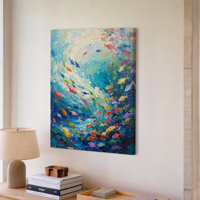 Wall Art Canvas Swirling School Of Fish Canvasvibrant Abstract Ocean Art Ready To Hang Gallery Wrapped Home Decor Modern Design Decor