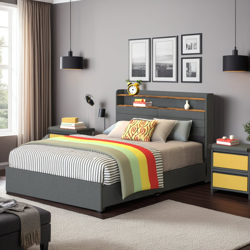 Upholstered Platform Bed with LED Lights, 4 Storage Drawers, Charging Station & Headboard Shelf, Full / Double