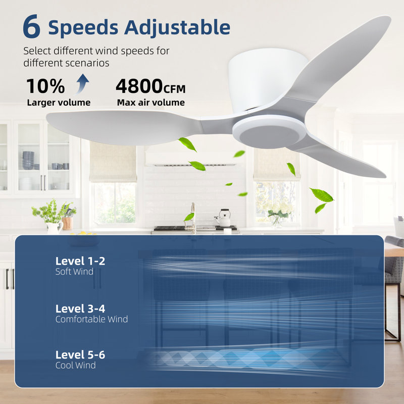 42 In. 3 - Blade Ceiling Fan with Remote, 6-Speed, Reversible DC Motor, White