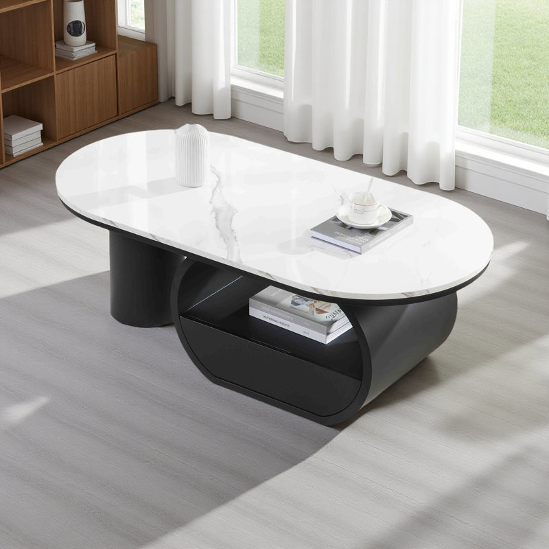 Table basse ovale de luxe moderne, table basse de 47,24 po avec tiroir de rangement, plateau en faux marbre, table centrale en métal pour le salon