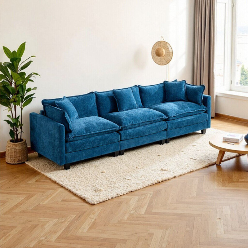 Canapé Cloud 3 places - Canapé modulaire en chenille bleu moderne pour le salon, design américain douillet et élégant, Bleu