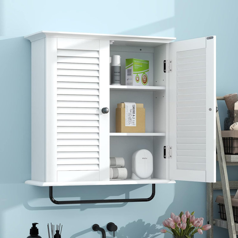 Bathroom Cabinet Wall Mounted with Double Roll-up Doors Three-Tier Adjustable Shelves, White