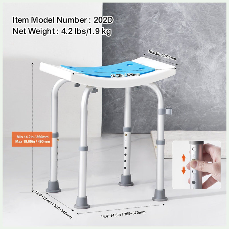 Adjustable Height Shower Chair with 6 Settings, Non Slip Bath Stool with Drainage Holes, Shower Head Holder and Storage Bag, Aluminum, 350 Pound Capacity