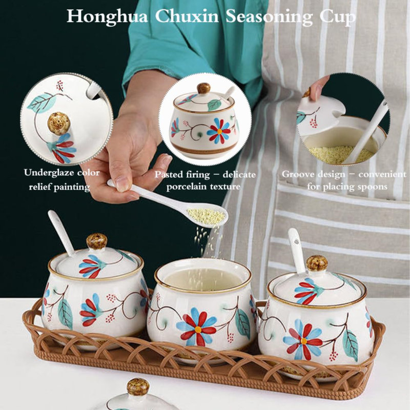 Ceramic Salt Sugar Bowls Set, Set Of 3 Condiment Pots Seasoning Jar Spice Container With Lid Spoon And Tray For Home Kitchen Counter, Dishwasher Safe (Red)