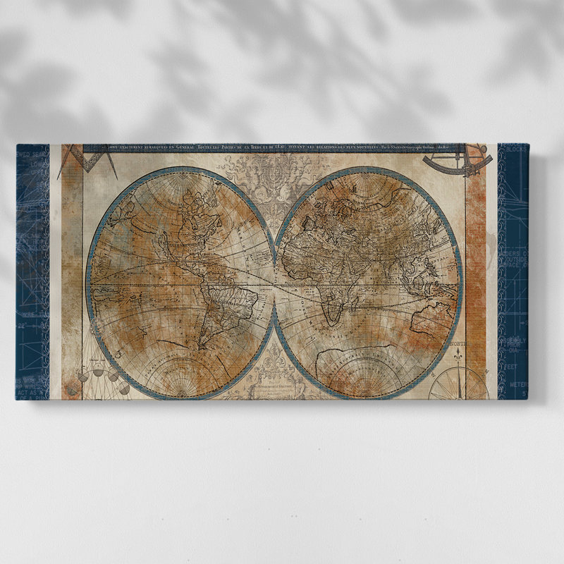 Plan du monde - Toile tendue avec châssis, prête à accrocher, H 25 po x l 49 po, Doré