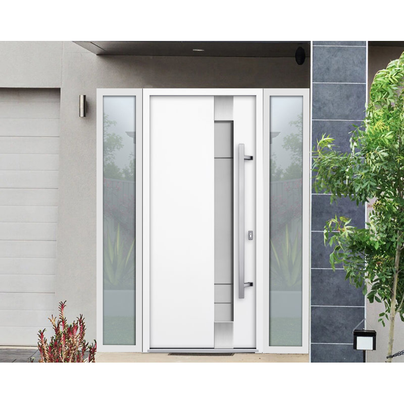 Porte avant en acier pré-suspendue à l'avant / deux en émail blanc 1713/2 fenêtres extérieures latérales noires / inserts en acier inoxydable simples peints modernes - l 12 + 36 + 12 po x H 80 po - Gauche à l'intérieur