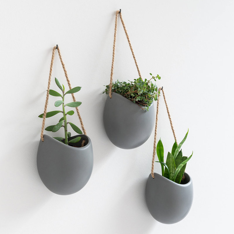 Hanging Ceramic Plant Pots 3 Pieces, Gray