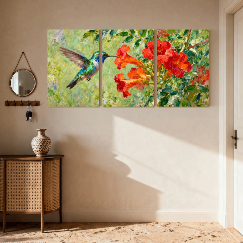 Birds Hummingbird In Flight Near Vibrant Flowers, ensemble de 3 impressions sur toile, H 18 po x l 36 po