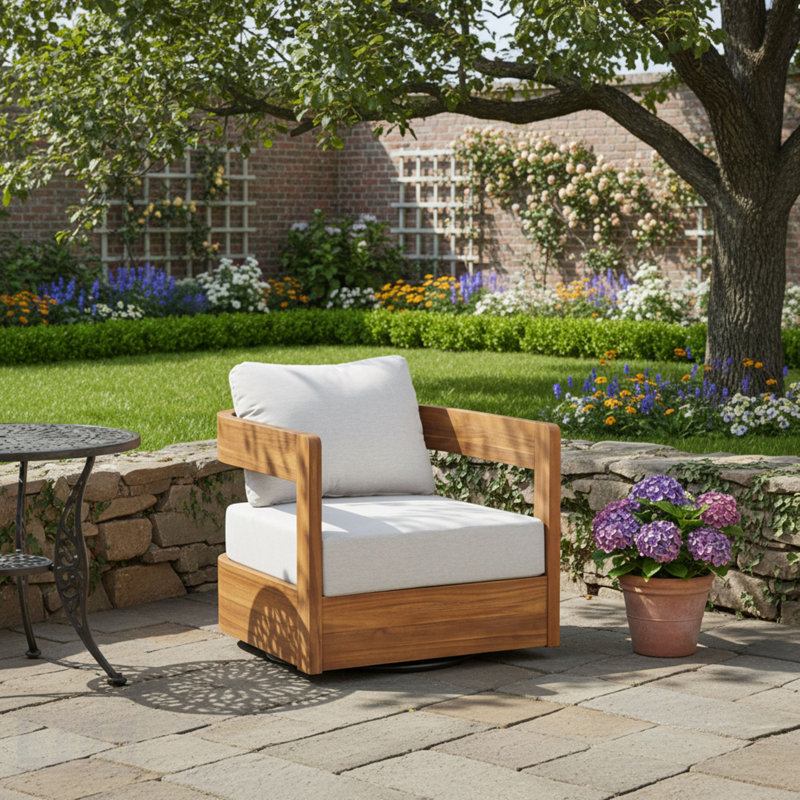 Fauteuil club pivotant en bois Telluride avec finition en teck et coussin beige pour la détente sur le patio, Teck