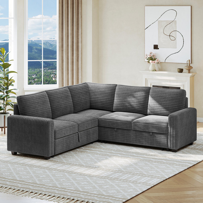 88 "corduroy L-shaped Sofa With Storage Can Be Converted Into A Sofa Bed, Gray Corduroy