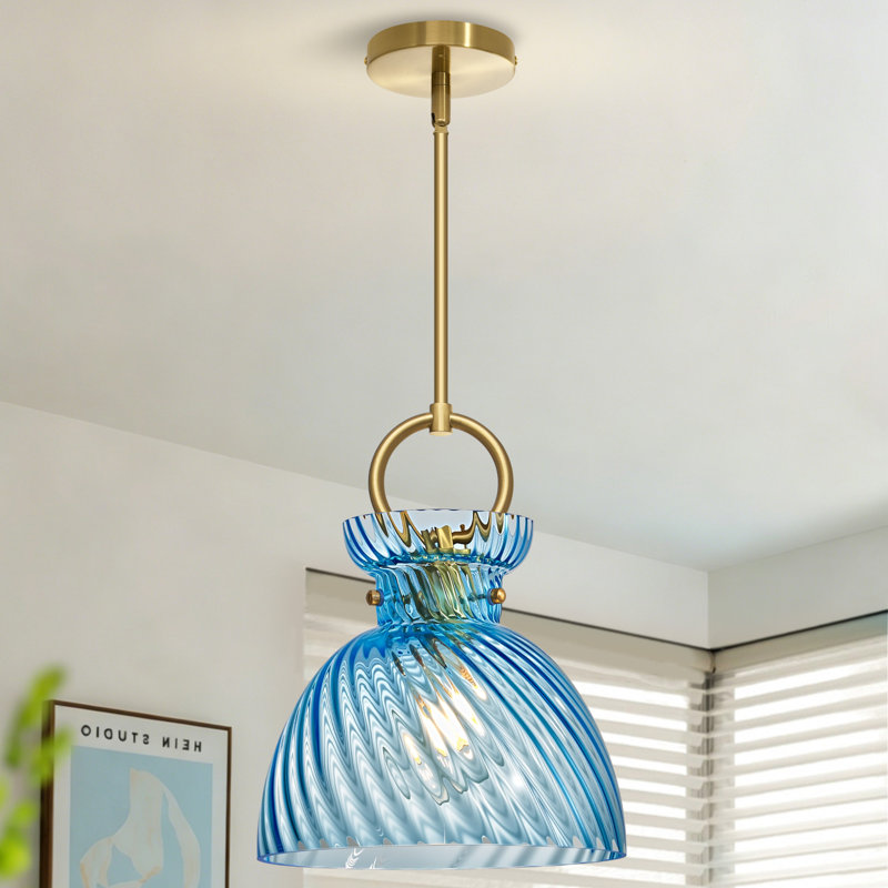 Luminaire suspendu en verre 9,84 "avec accent doré, hauteur réglable pour îlot de cuisine et chambre à coucher, Bleu