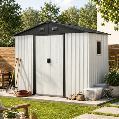 Remise de rangement extérieure en métal 8 pi x 4 pi avec fenêtre et fondation en métal pour la cour, le patio, la pelouse - blanc et noir