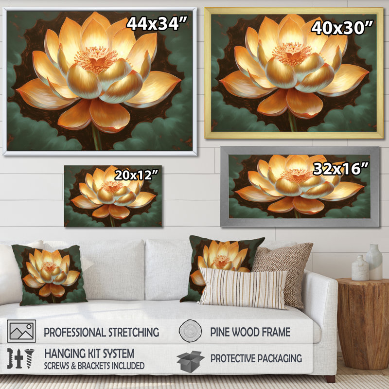 Golden Blooming Retro Lotus - impression, H 24 po x l 32 po x P 1 po, Cadre simple argenté