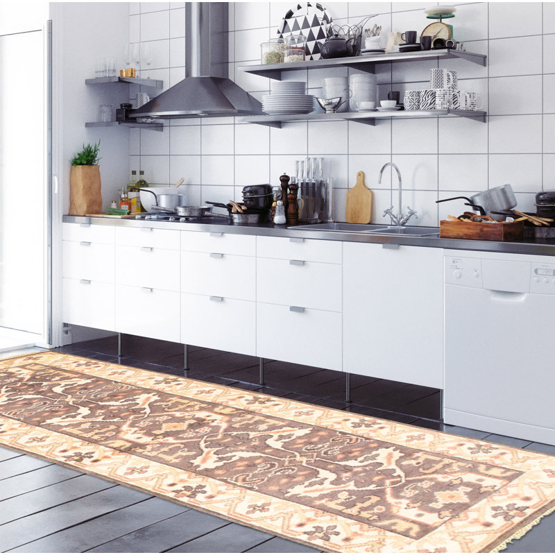 Tapis de couloir en laine noué à la main de conception unique noué à la main New Age 2 pi 7 po x 8 pi 1 po Tapis décoratif en gris foncé/crème