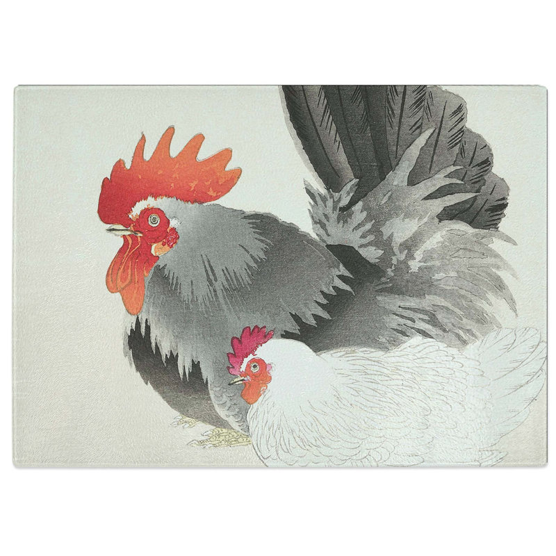 Tempered Glass Rooster and Hen by Ohara Koson Chopping Board, 39 cm W x 28.5 cm L