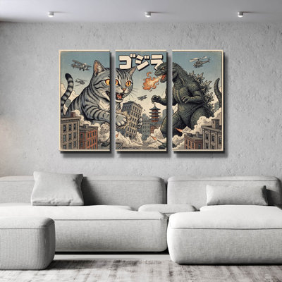 « Catzilla à Tokyo » de Rich Monet, triptyque mural, 152 x 102 cm