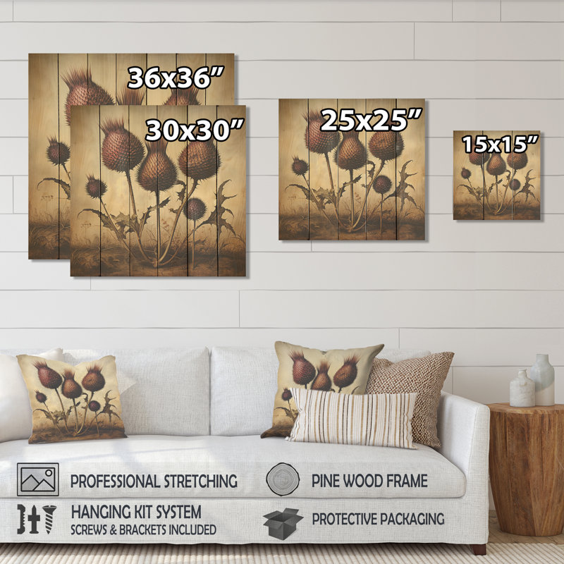 Retro Thistle Floral Charm I - Thistle On Wood Print, 15" H x 15" W