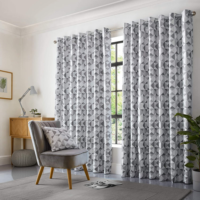Stamper Semi Sheer Curtain Pair, Silver/Charcoal, 117 W x 137 D cm