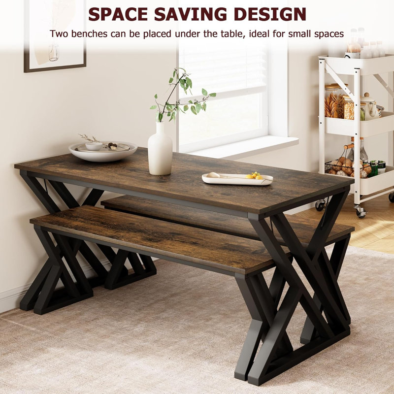 Ensemble de table de salle à manger 44,8 po pour 4 personnes avec bancs, structure en X en métal et ensemble de cuisine peu encombrant