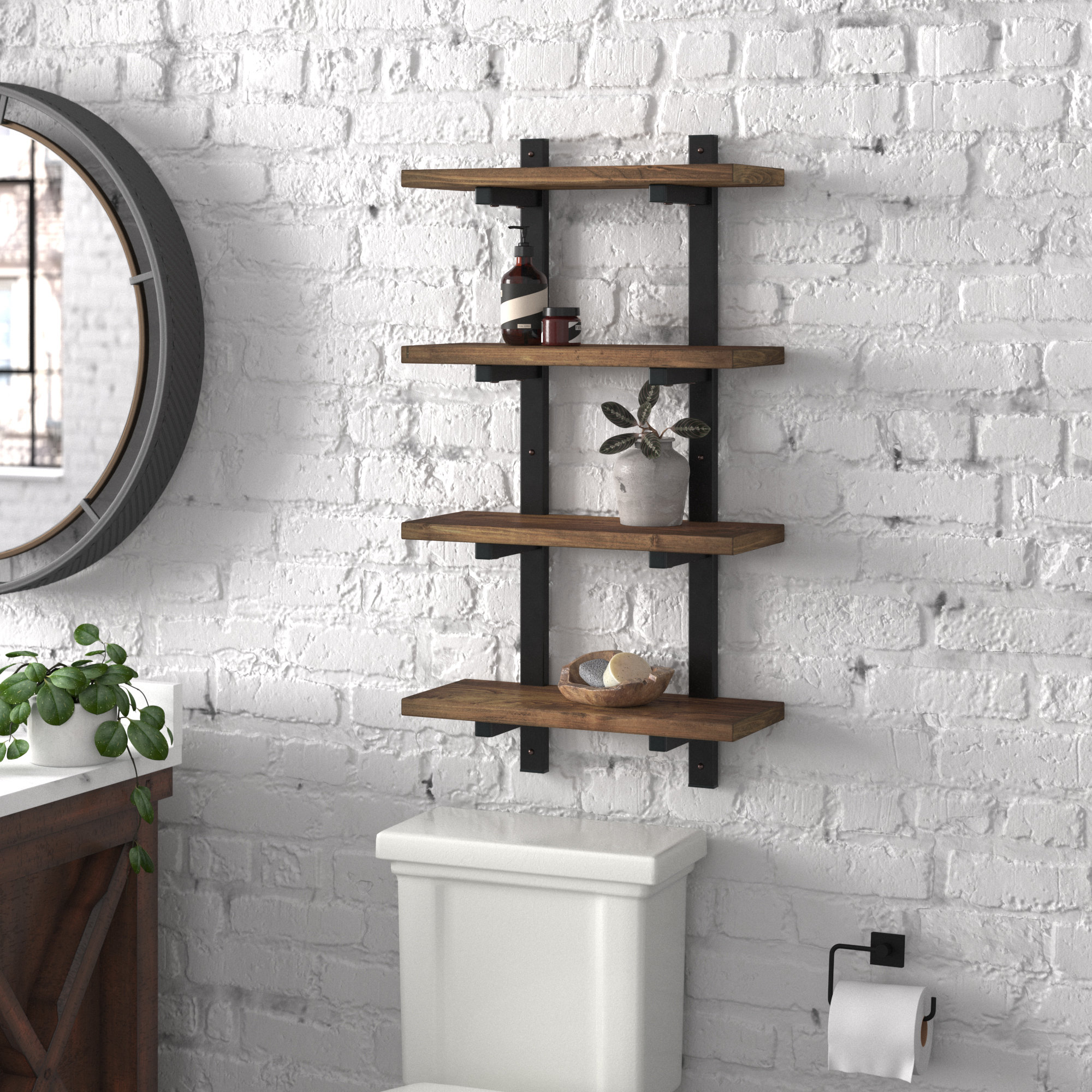 Pomona 20 Wide Rustic Industrial Solid Wood and Metal Frame Wall Mounted 4  Tiered Shelf