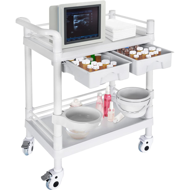 Chariot utilitaire roulant professionnel à 2 niveaux avec 2 tiroirs verrouillables, hauteur réglable, roues silencieuses avec système de verrouillage, chariot mobile robuste en ABS pour clinique médicale, salon de coiffure, spa et toilettage d'animaux.