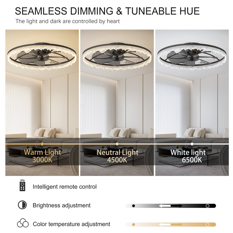 Ventilateur de plafond moderne en cristal noir avec lumière et télécommande, température de couleur réglable, 24" Wide