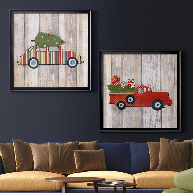 Classic Auto Christmas I - ensemble de 2 reproductions d'art encadrées, H 34,5 po x l 69 po x P 1,5 po, Toile avec cadre noir
