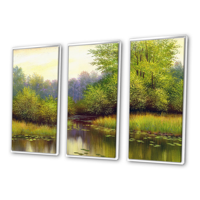 «Beautiful Summer River Green Landscape I», ensemble d'art mural sur toile encadré champêtre, H 32 po x l 48 po, Blanc