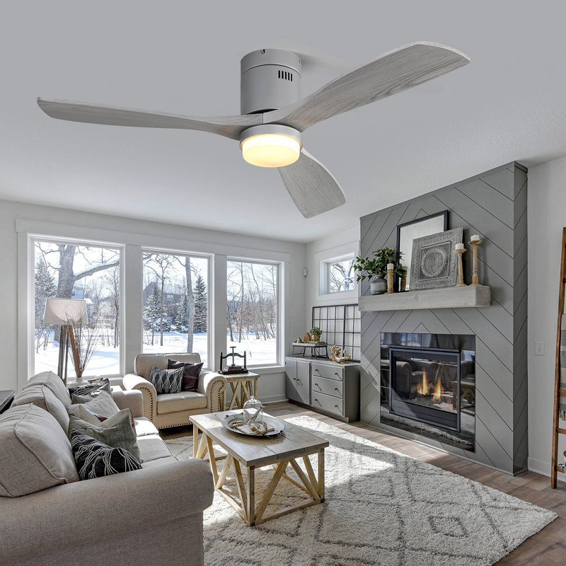 52 Inch Wooden Ceiling Fan With 18W Led Light 3 Solid Wood Blades Remote Control Reversible Dc Motor For Home, Silver, Gray