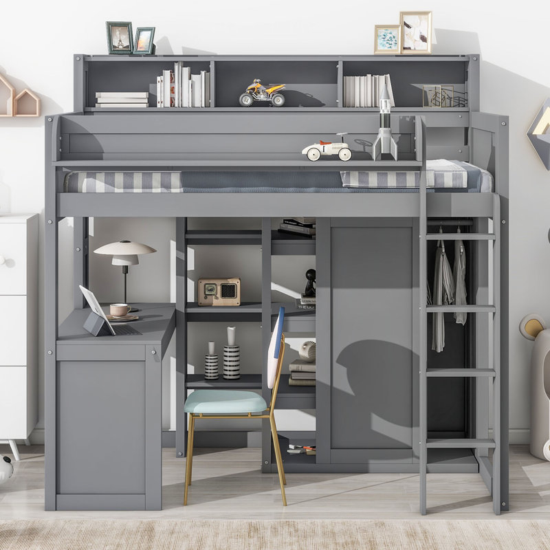 Lit mezzanine simple en bois avec plusieurs tablettes de rangement et garde-robe, Gris