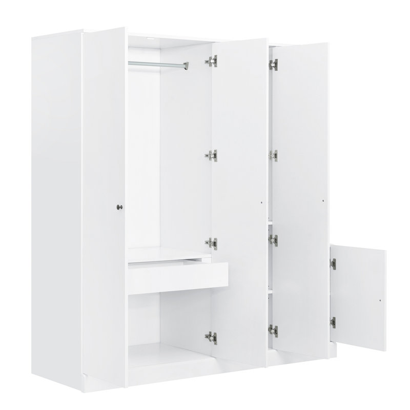 Armoire 4 portes avec tablettes, tiroirs et miroir pleine grandeur, blanc, Blanc