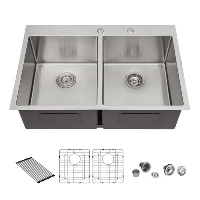Évier de cuisine à double cuve à montage sur plan - 33 po x 22 po x 10 po en acier inoxydable de calibre 16 avec deux cuves profondes de 10 po