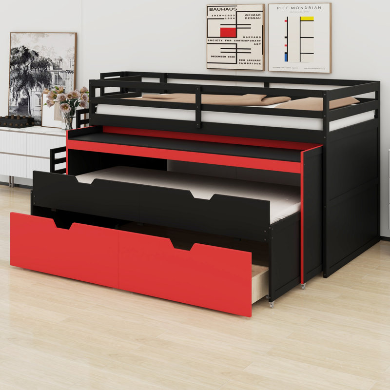 Lit mezzanine avec rangement et bureau coulissant, lit gigogne et tiroirs de rangement, Très grand simple, Noir et rouge