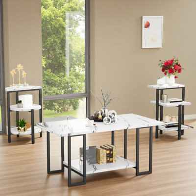 Table de bout en faux marbre avec 2 tables de bout, table basse rectangulaire avec structure en métal, ensemble de 3 tables basses avec rangement à plusieurs niveaux, ensemble de table de salon moderne de 3 pièces pour bureau, appartement, petit espace