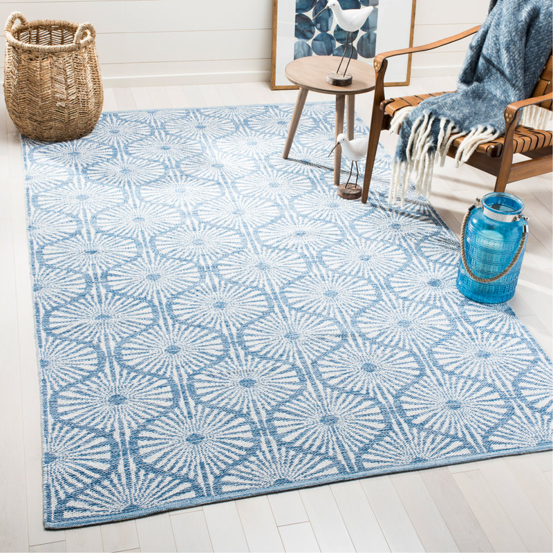 Tapis bleu / ivoire à motif géométrique tissé à plat à la main Oak Hill, Rectangle 5 pi x 8 pi