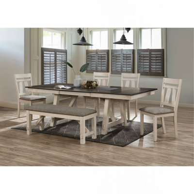 6Pc Cottage Style Extendable Dining Table Set Chalk Gray Tow Tone Finish Upholstered Chair Bench Dining Room Wooden Furniture Two Self-Storing Refecto