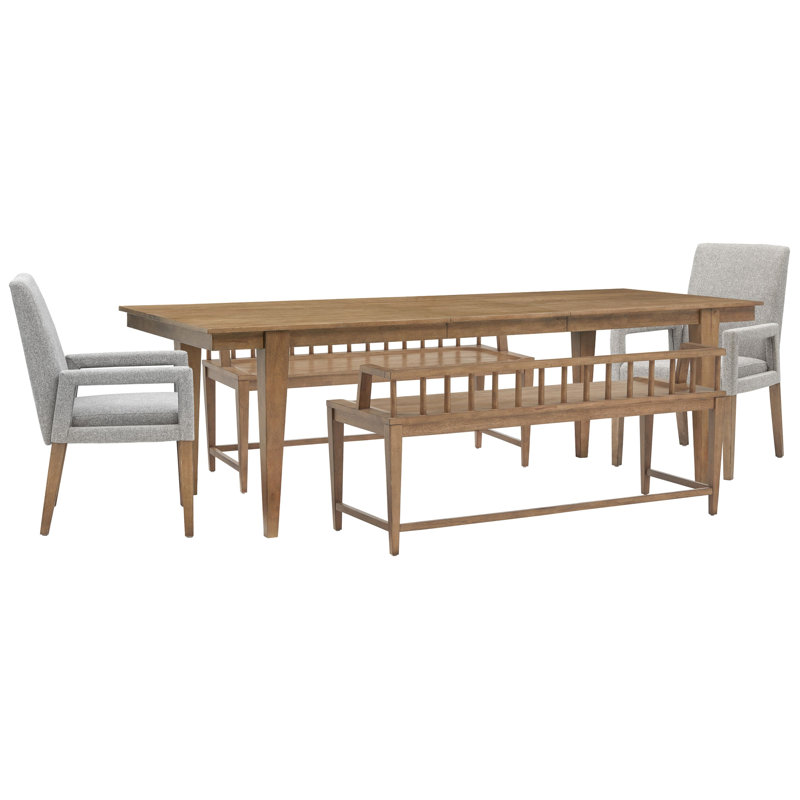 Extendable Rectangular Dining Table With 2 Arm Benches And 2 Grey Arm Chairs, 5 Pcs: Table, 2 Benches, 2 Chairs, Gray