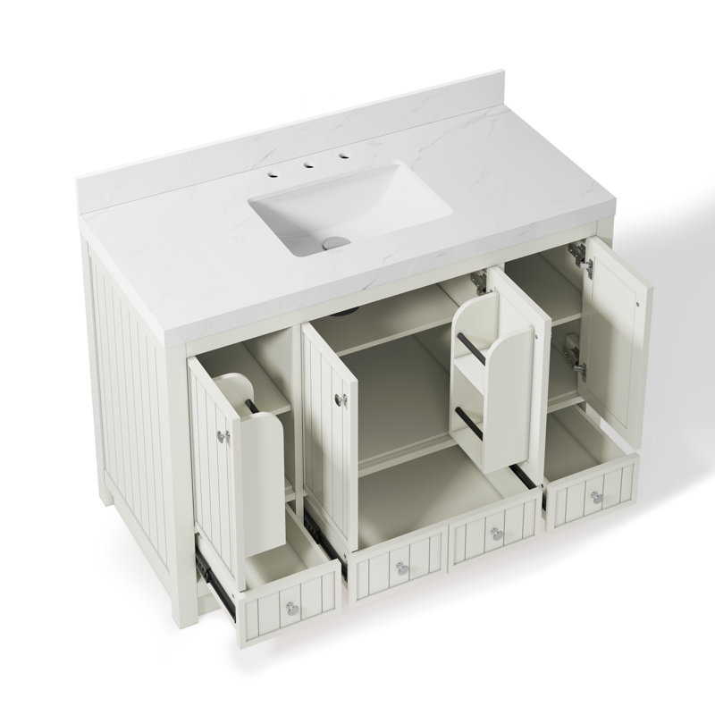 Meuble-lavabo 48 po avec comptoir en quartz blanc Thassos Aula, Blanc perle