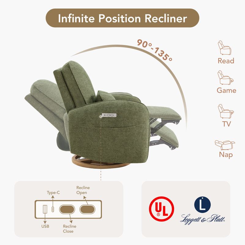 Family-Friendly Swivel Glider Power Recliner with Pocket, Green Polyester