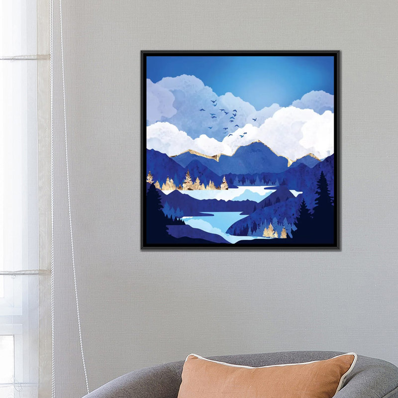 «Blue Lake», reproduction d'impression, 26" H x 26" W x 1.5" D, Pas de tapis, Toile avec cadre noir