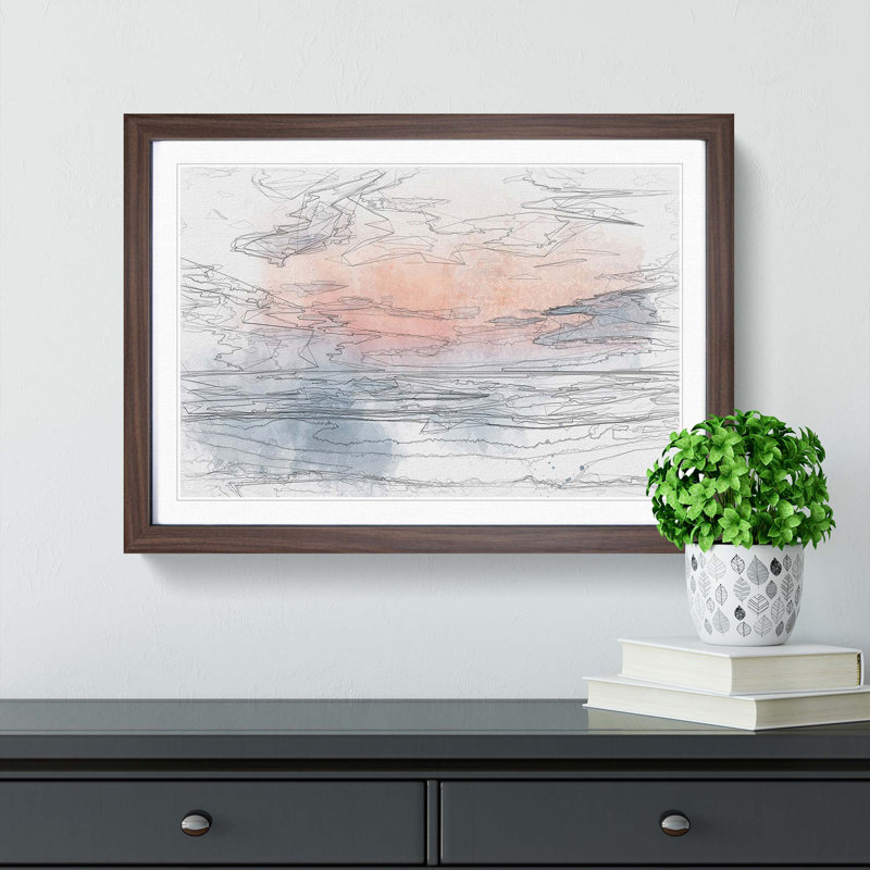 Sea & Clouds in Blue & Pink in Abstract - Picture Frame Graphic Art Print, Walnut, 60cm H x 91cm W x 2cm D