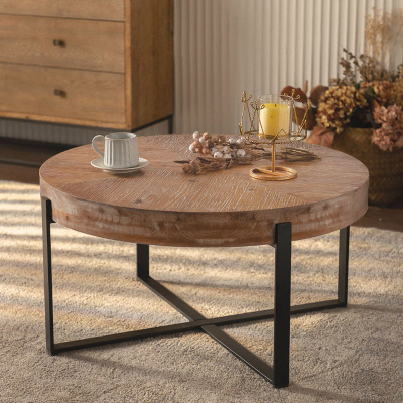 Solid Wood Top Single Coffee Table, Black, Brown, 17.72" H x 33.86" L x 33.86" W